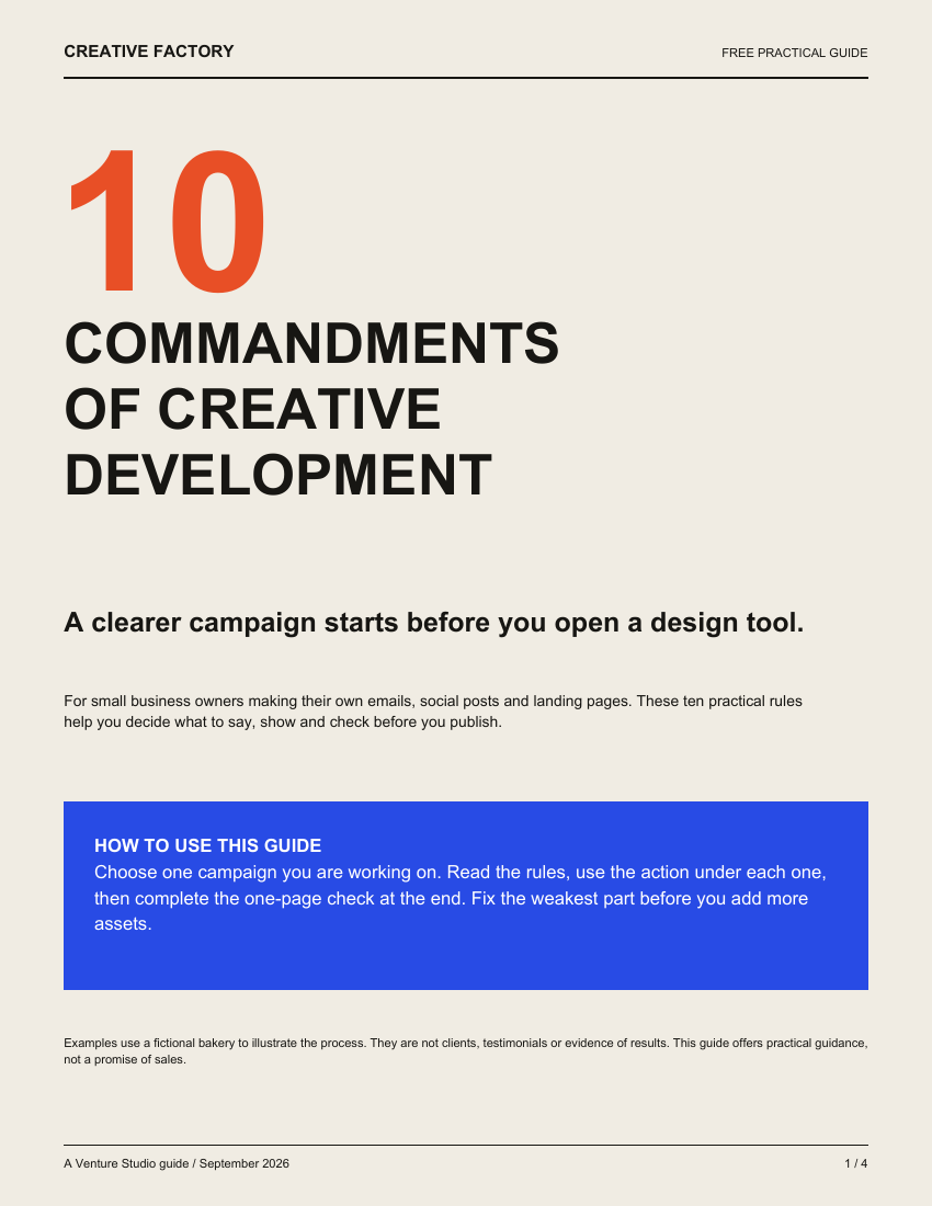 Cover of the free four-page guide: The 10 Commandments of Creative Development
